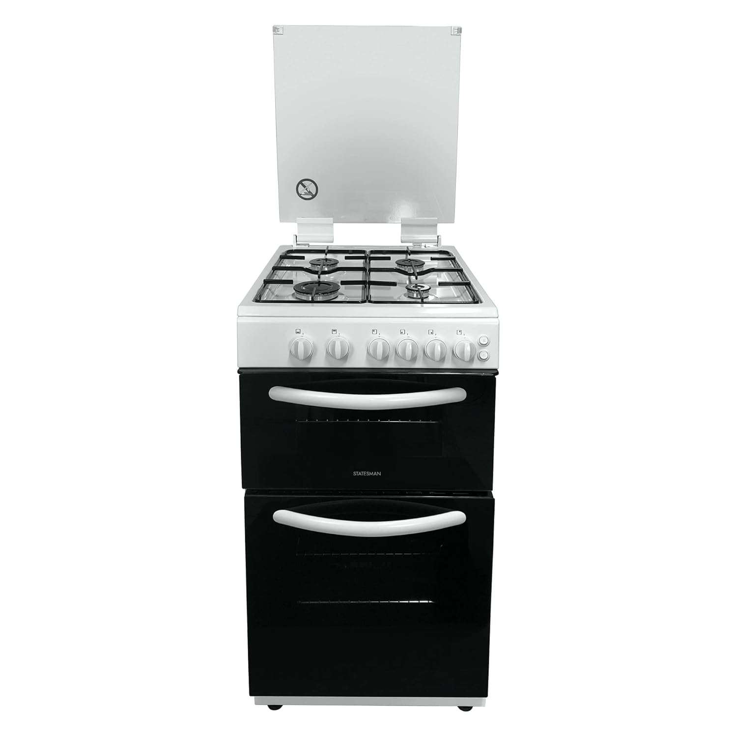Statesman GTL50W Double Oven Gas Cooker with Glass Lid, 4 Gas Burners, 50cm Wide, White