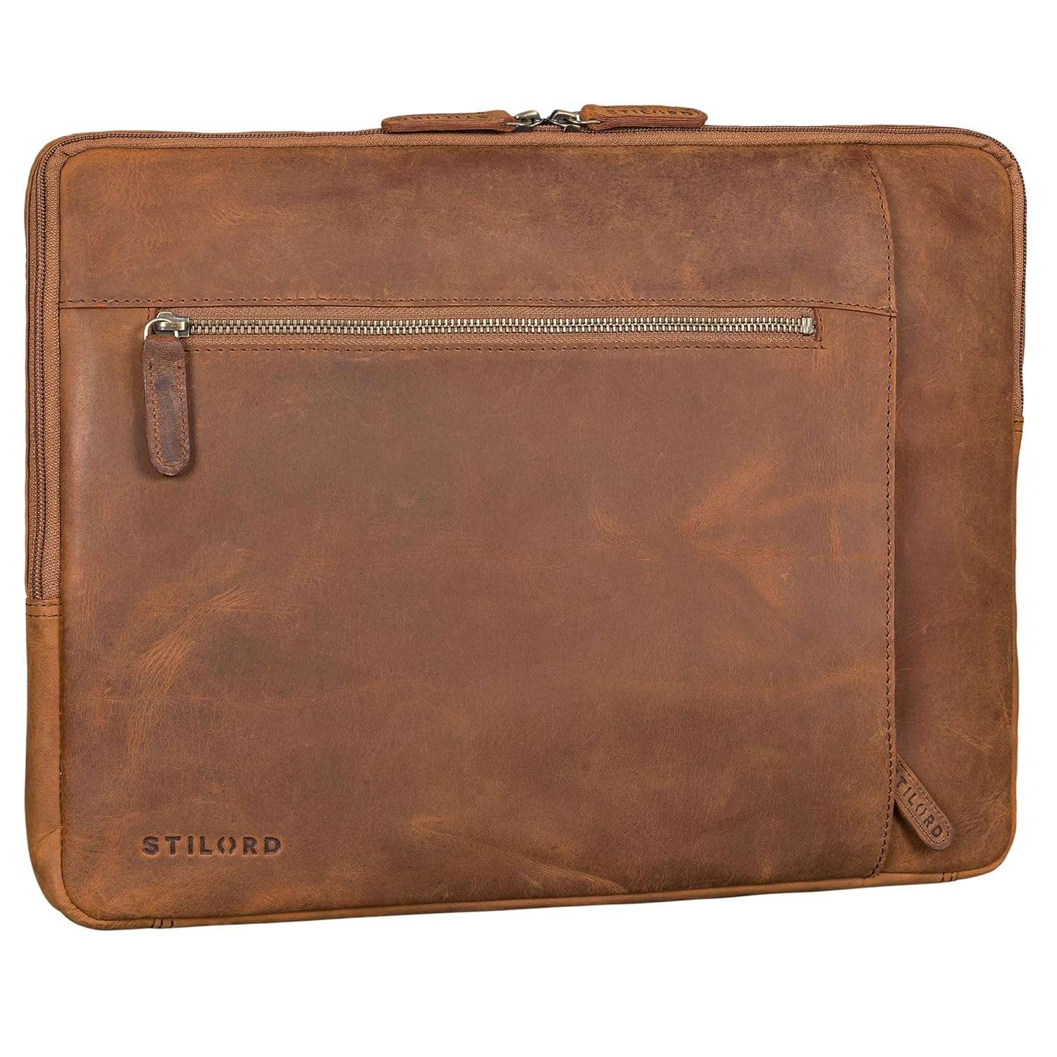 STILORD 'Jupiter' Laptop Sleeve Cover 17 Inch Leather Vintage Laptop Case 16,5 inch for Notebook/MacBook/Tablet Case Large with Zipper, Colour:tan - Dark Brown