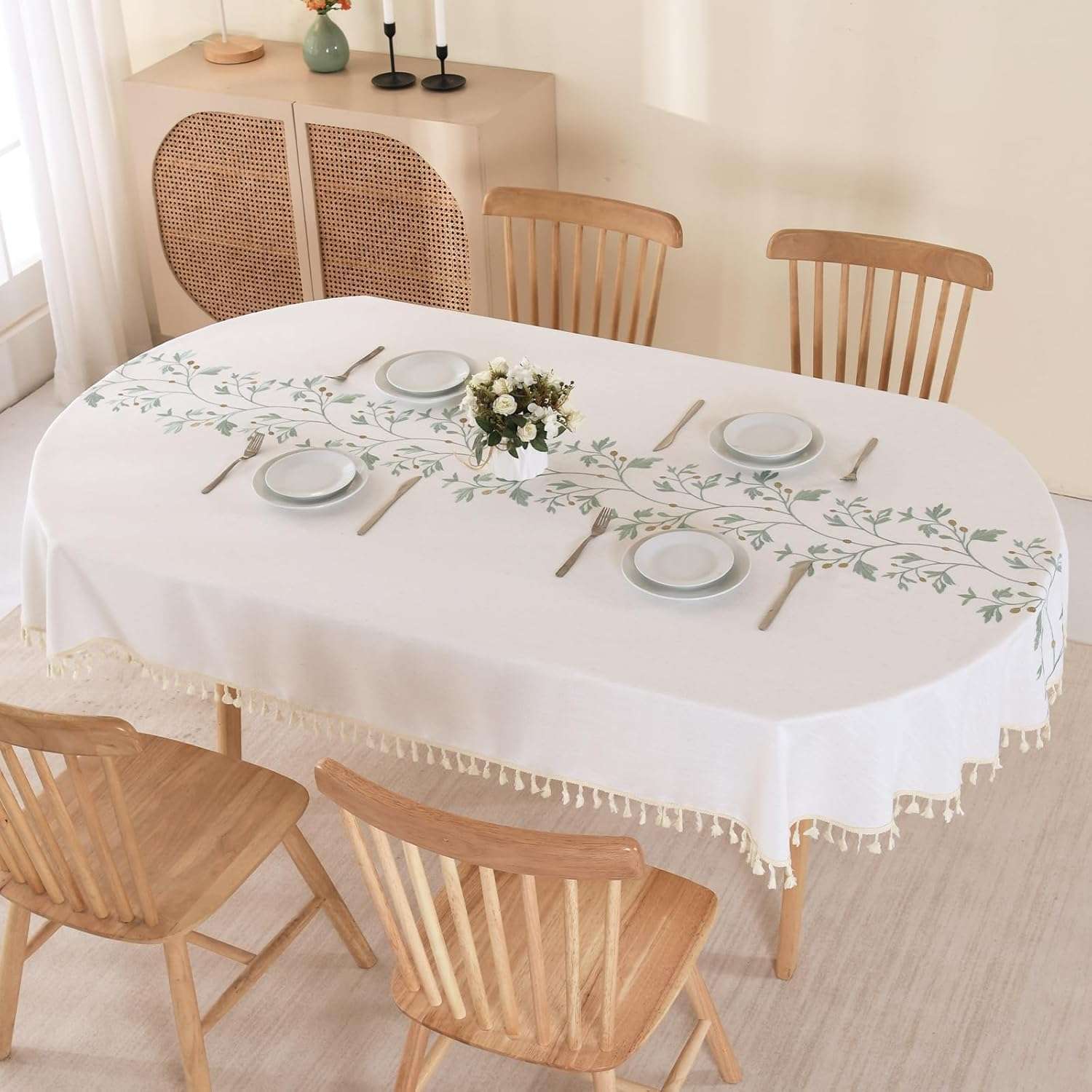 SUCHDECO Tablecloth Oval Cotton Linen Table Cloth 140x220 cm, Beige Tablecloths with Green Leaf Embroidery Tassels Dust-Proof Washable Table Cover for Dining Table Kitchen Room...