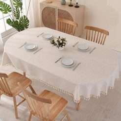 SUCHDECO Tablecloth Oval Cotton Linen Table Cloth 140x220 cm, Solid Beige Tablecloths with Tassels Dust-Proof Washable Table Cover for Dining Table Kitchen Room Decor Birthday...