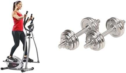 Sunny Health & Fitness Legacy Stepping Elliptical Machine, Total Body Cross Trainer with Ultra- Quiet Magnetic Belt Drive SF-E905 and Unisex's 15 KG Chrome Dumbbell Set