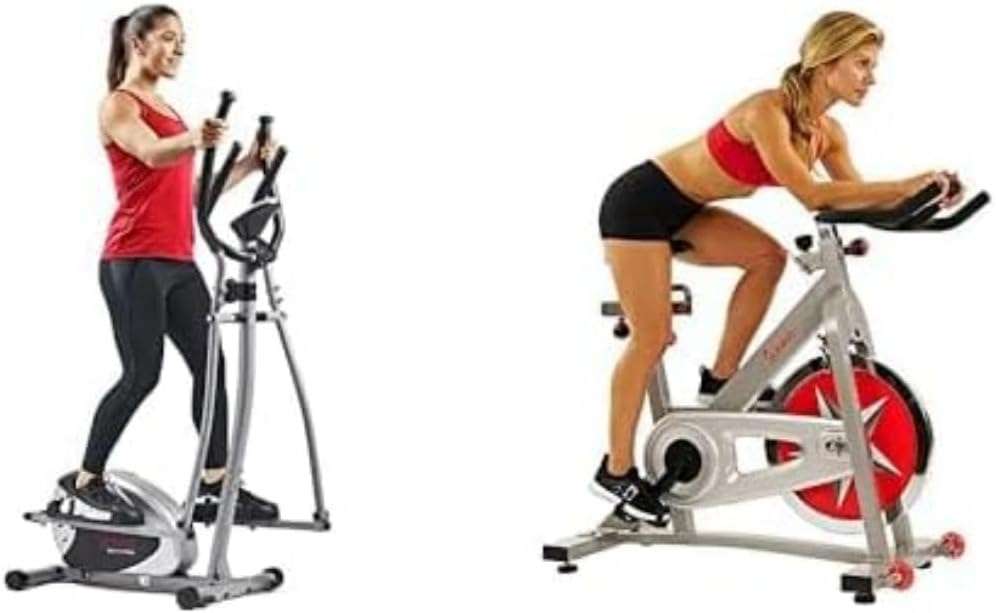 Sunny Health & Fitness Legacy Stepping Elliptical Machine, Total Body Cross Trainer with Ultra- Quiet Magnetic Belt Drive SF-E905 and Exercise Bike Pro Indoor Cycling Stationary...