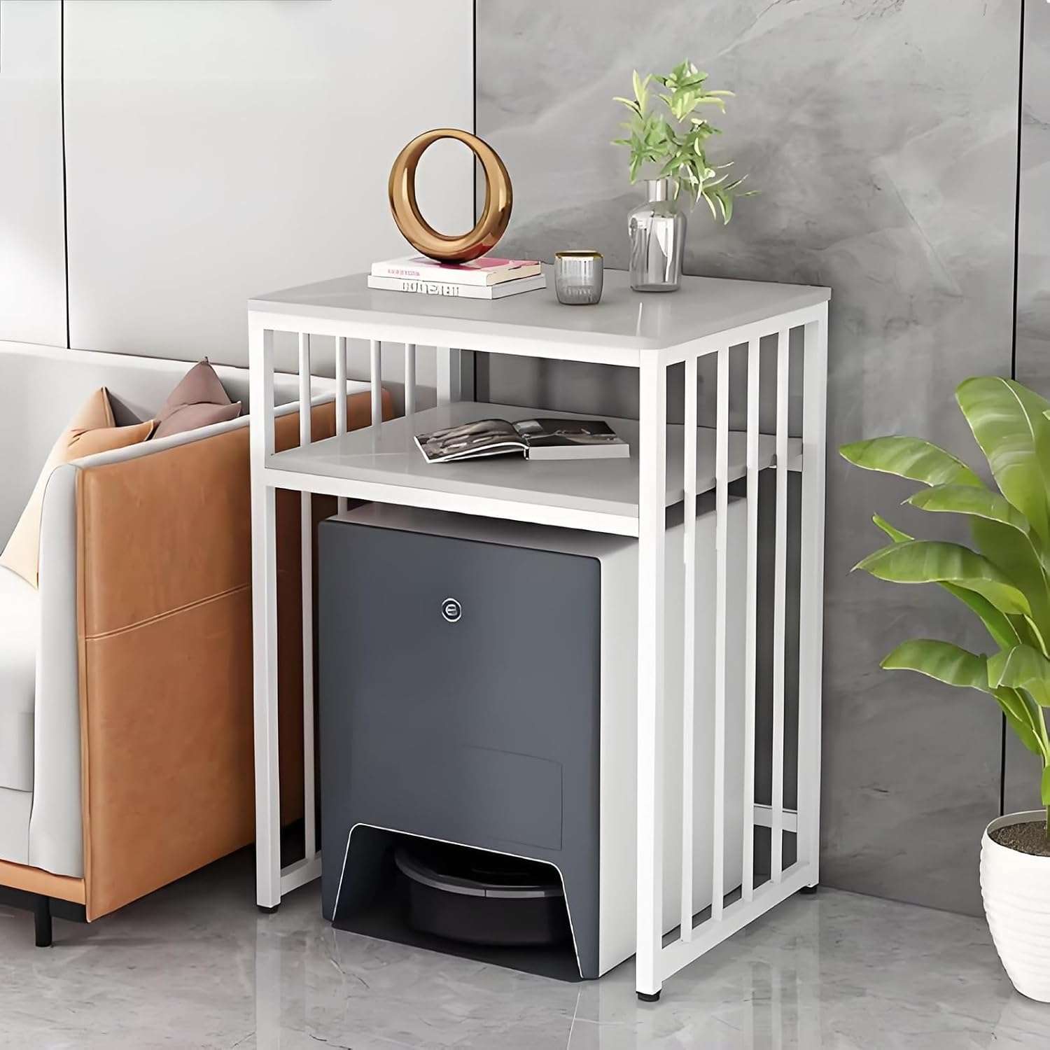 Sweeping Robot Storage Rack with Slate Tabletop, Sweeping Robot Storage Rack for Home, Vacuum Hidden Open-Storage Shelves, Adjustable Footrests for Living Room, Bedroom,...