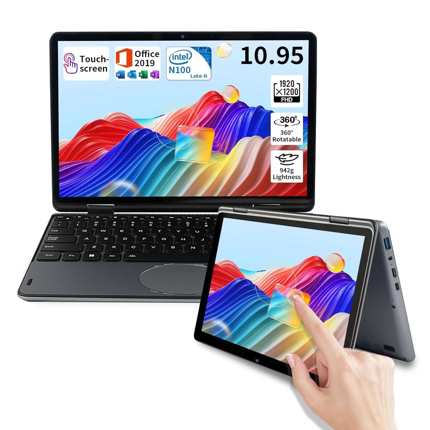SZHUAGO 10.95" 2-in-1 Touchscreen Laptop, Celeron N100 CPU, 16GB DDR4 RAM, 360° Convertible Lightweight Notebook, Only 942g, 1920 x 1200 IPS, Win 11 Pro, Support WiFi, Type-C...