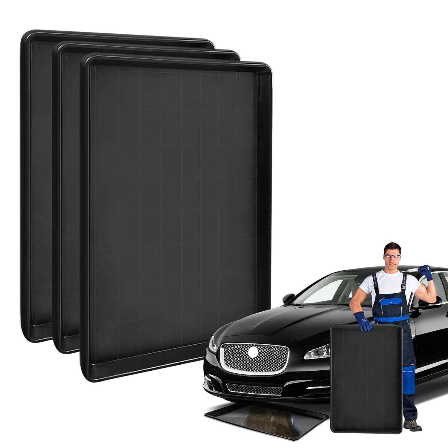 Teodute Pack of 3 Floor Mats for the Fridge, 90 x 60 cm, Large Size Fridge Mat, Versatile Drain Pan for Oil Change, Drip Tray, Black