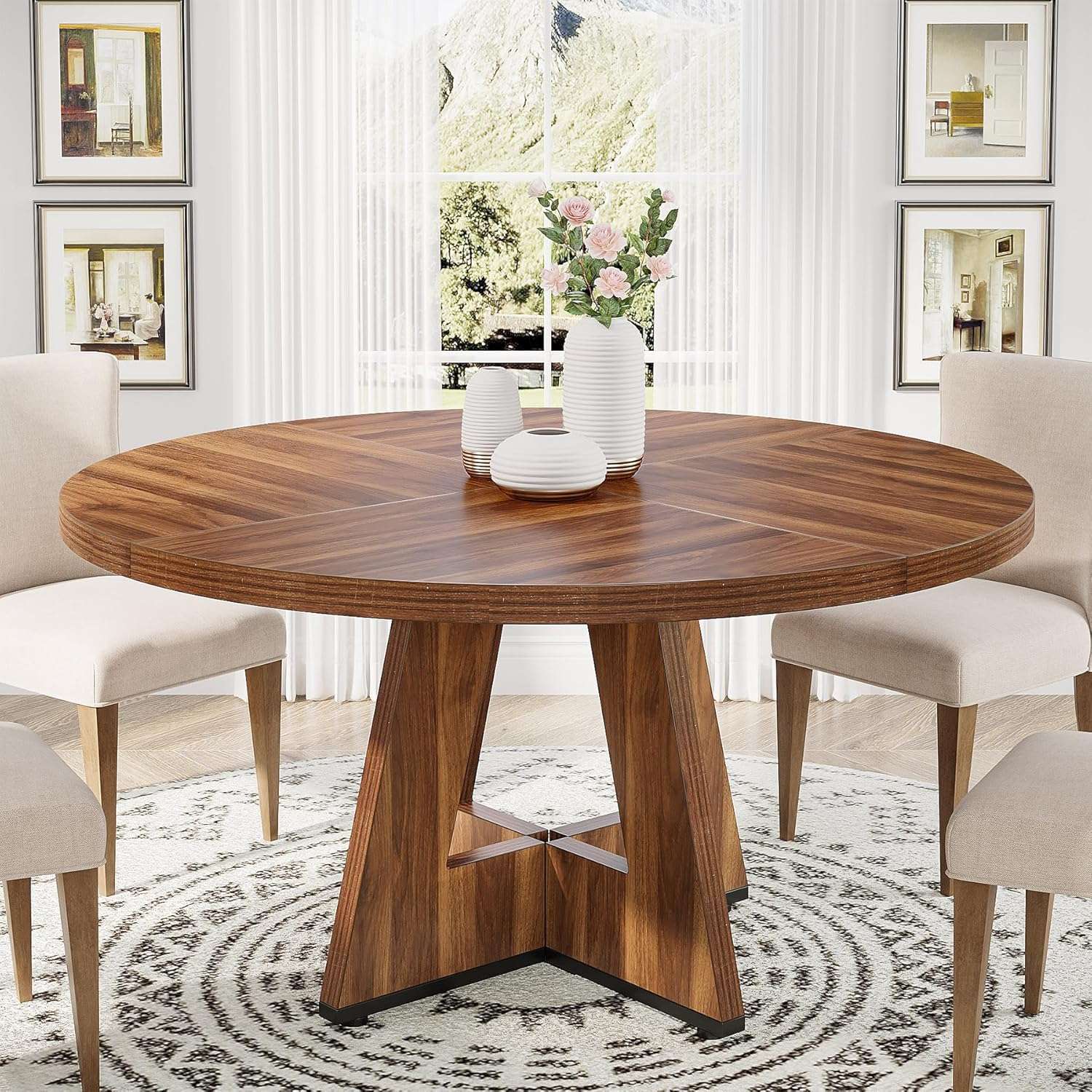 Tribesigns Round Dining Table - Farmhouse Dinner Table for 4 People, Rustic Brown Wooden Top and Legs, 120 cm Dining Room & Kitchen Table