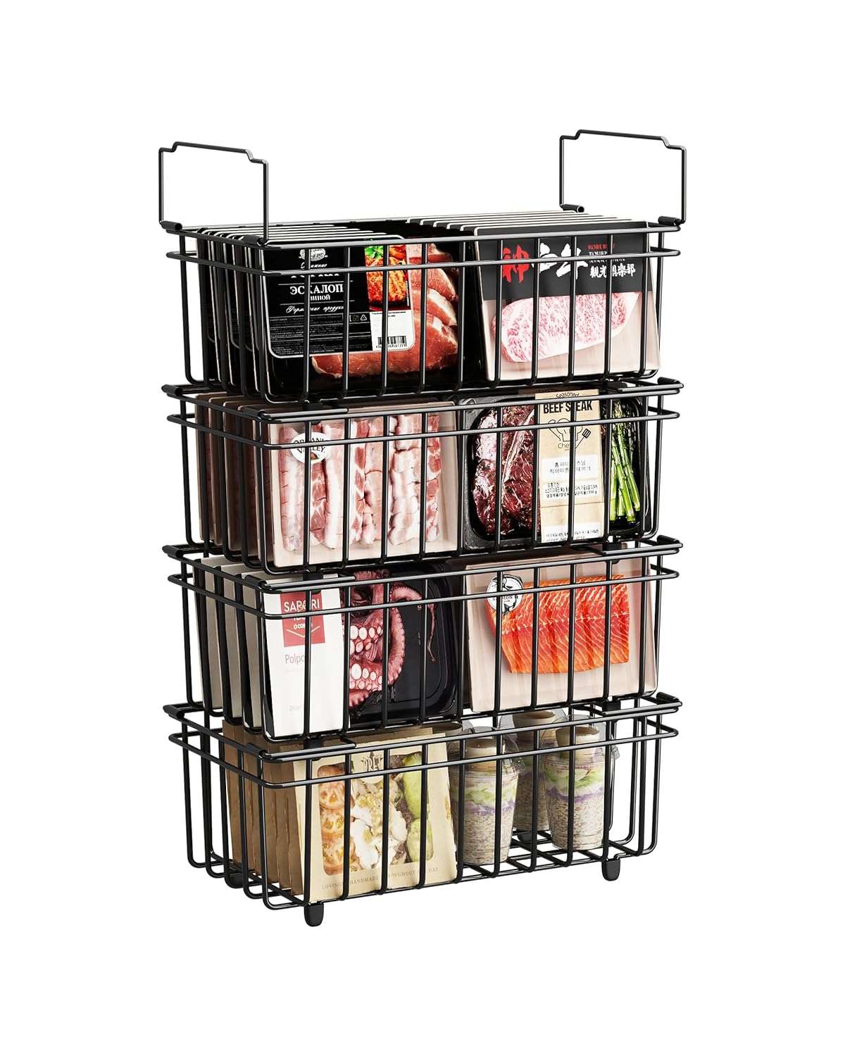 UMDONX 4 Pack Chest Freezer Baskets Organiser - Stackable Kitchen Storage Boxes for 198L Deep, with Fold down Handle, Pantry Wire Shelf Bins Frozen Goods Sort, Durable Metal Black