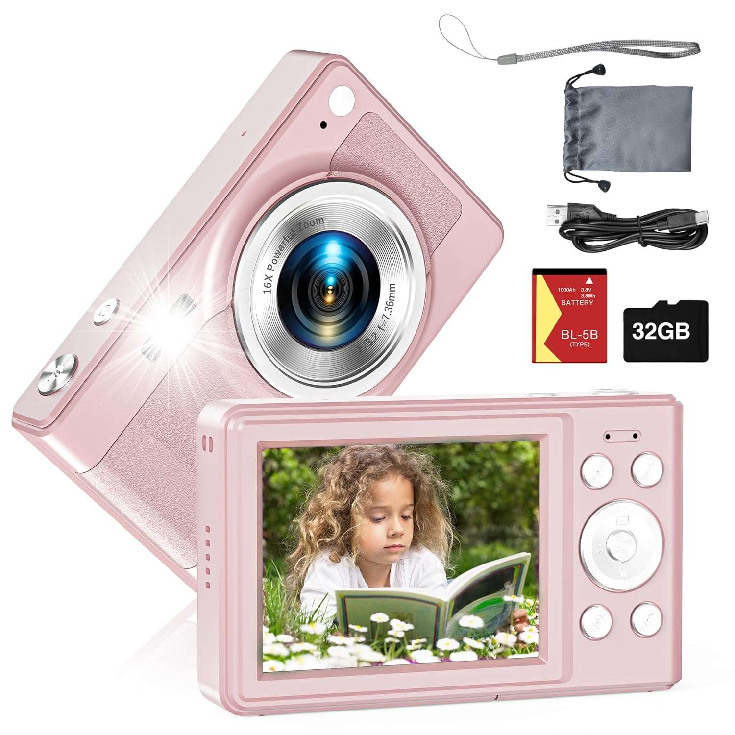 Upgrade Digital Camera, 56MP FHD 1080P for Kids with 16x Zoom Anti Shake, 32GB TF Card, Two Batteries, Lanyard, Compact Small for Boys Girls (Pink)