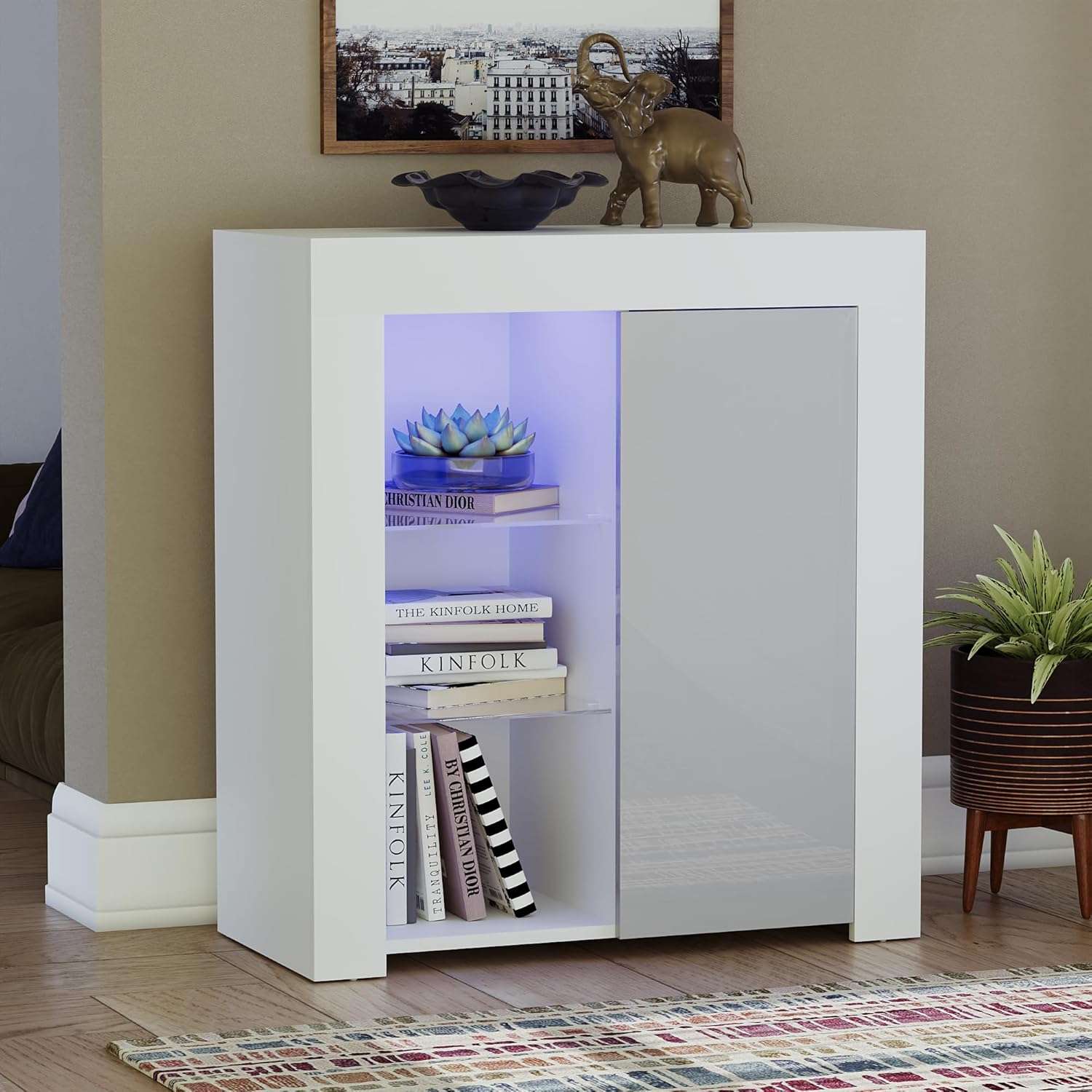 Vida Designs Azura 1 Door Modern LED Sideboard in White & Grey, RGB Lights (Fade/Strobe Options Included), High Gloss