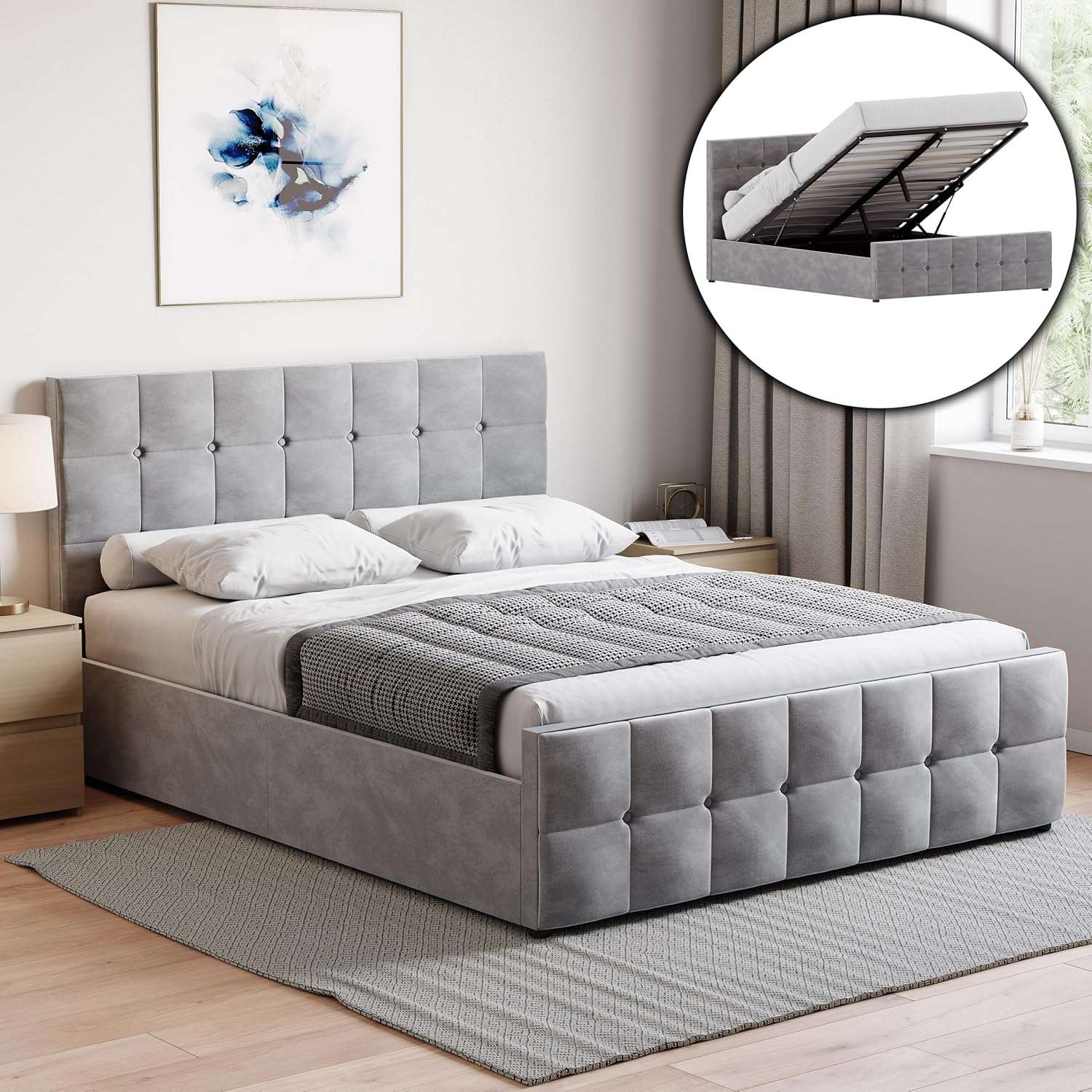 Vida Designs Valentina King Size Ottoman Bed, 5 Foot Bed Frame Storage Lift Upholstered Fabric Headboard Bedroom Furniture, Light Grey Velvet (UKFR Certified)