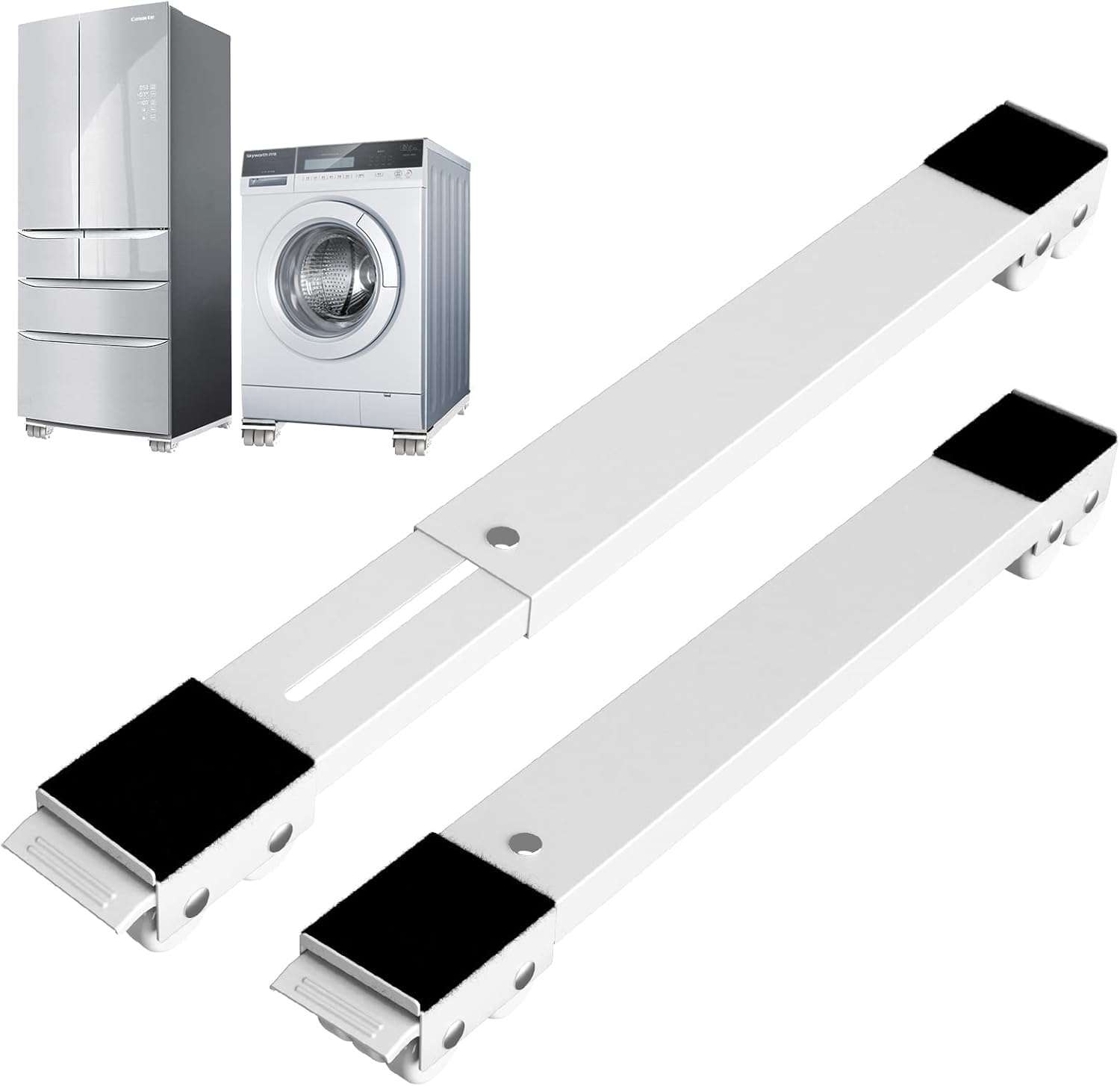 Washing Machine Base with Brake, Extendable Appliance Rollers Refrigerator Heavy Duty Load 300kgs for Washer, Dryer, Refrigerator (White)