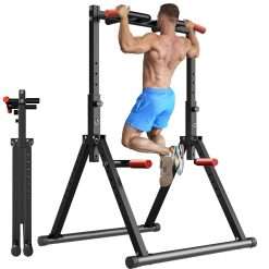 WATBKHE Power Tower Pull Up Dip Station Foldable, Pull Up Bar Station Adjustable, Multi-Function Home Gym, Strength Training Fitness Equipment