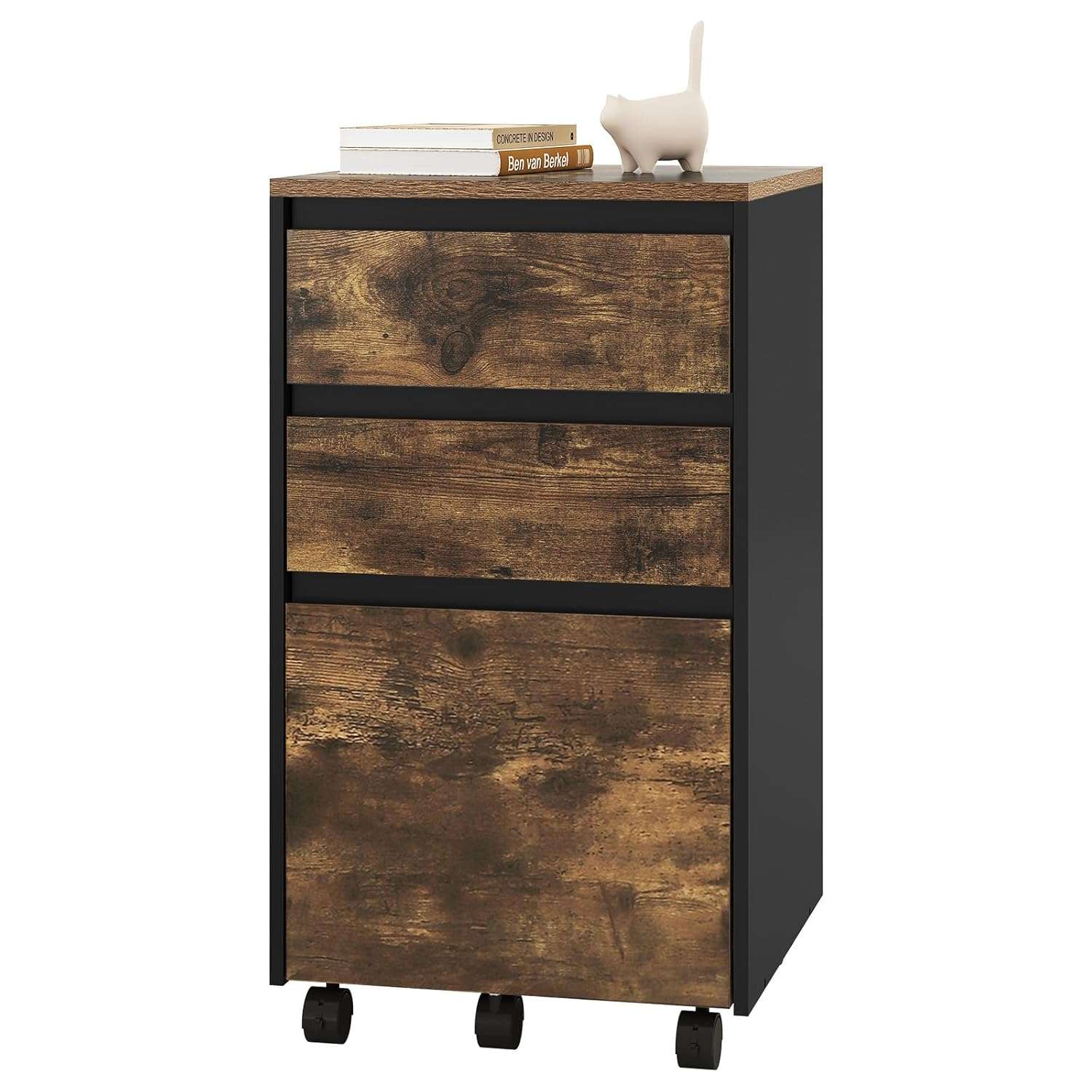 WOLTU Mobile Filing Cabinet for Lever Arch Folders, Storage Cabinet in the Office, with Wheels, Rolling, with 3 Drawers, Dark Oak Black, 40 x 70 x 40 cm, ASK01hov