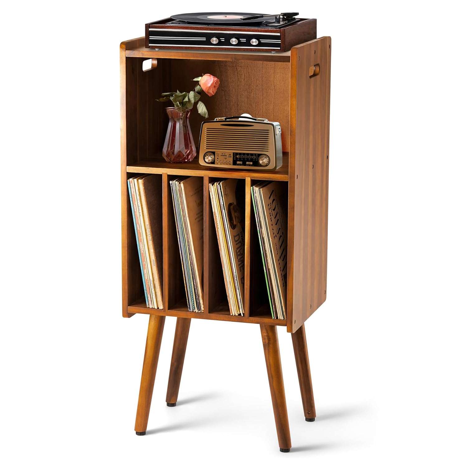 Wooden LP Record Player Stand, 3-Tier Turntable Stand Cabinet Holds up to 100 Albums, Metal Record Storage Holder and Organizer Table, Mid-Century Modern Record Player Holder...