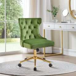 Yaheetech Stylish Makeup Vanity Chair with Wheels Gold Base, Velvet Office Desk Chair Height Adjustable with Armless for Home Office, Green