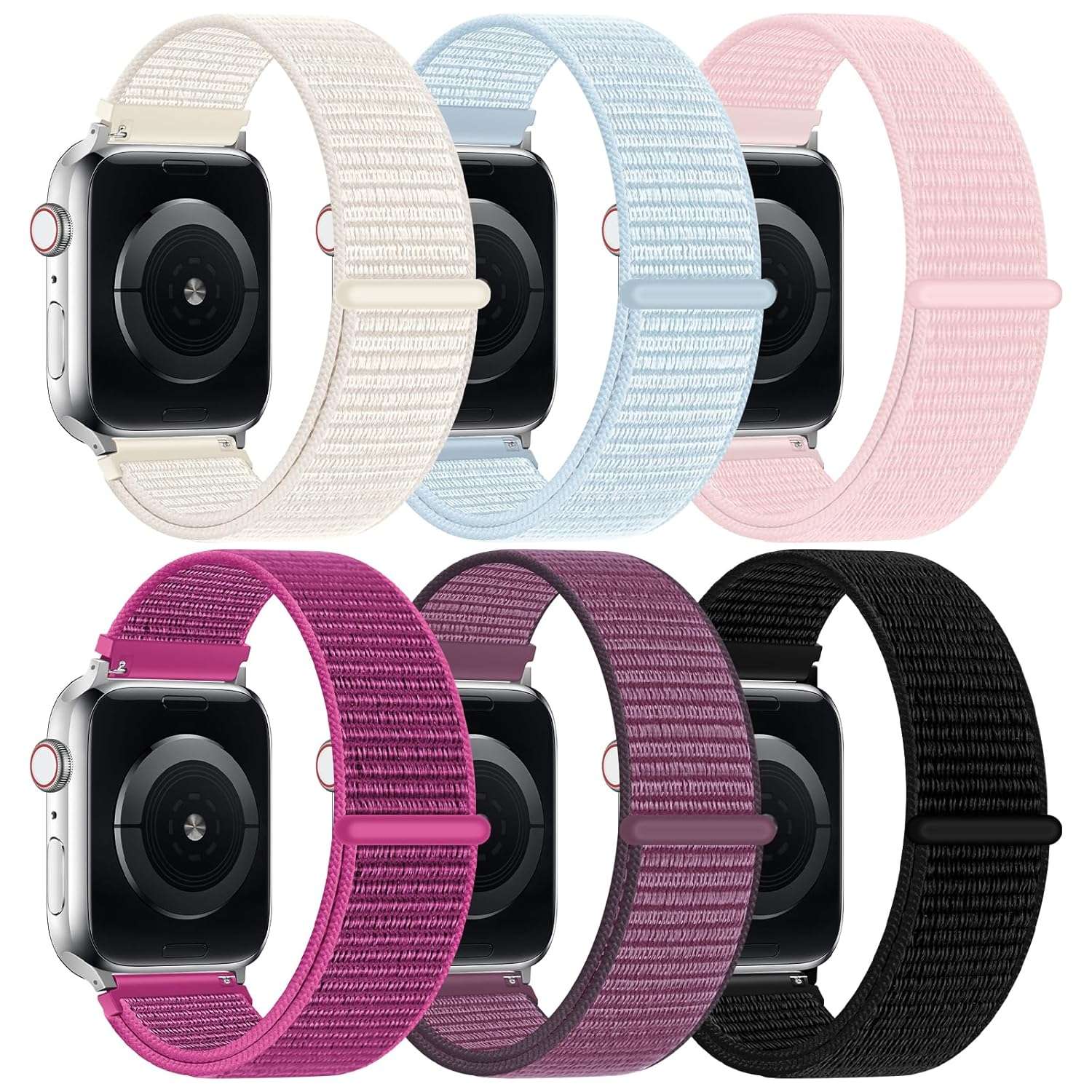 6 Pack Nylon Sport Loop Band Compatible with Apple Watch Band 38mm 40mm 41mm 42mm 44mm 45mm 46mm 49mm Women Men, Soft Adjustable Braided Replacement Straps for iWatch Series 10...