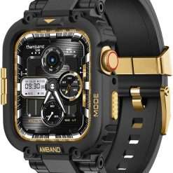 amBand Bands Compatible with Apple Watch 9/8/7 45mm, M1 Sport Series Rugged Case with Strap Protective Cover for iWatch 6/SE/5/4/3 44mm 42mm Black Gold