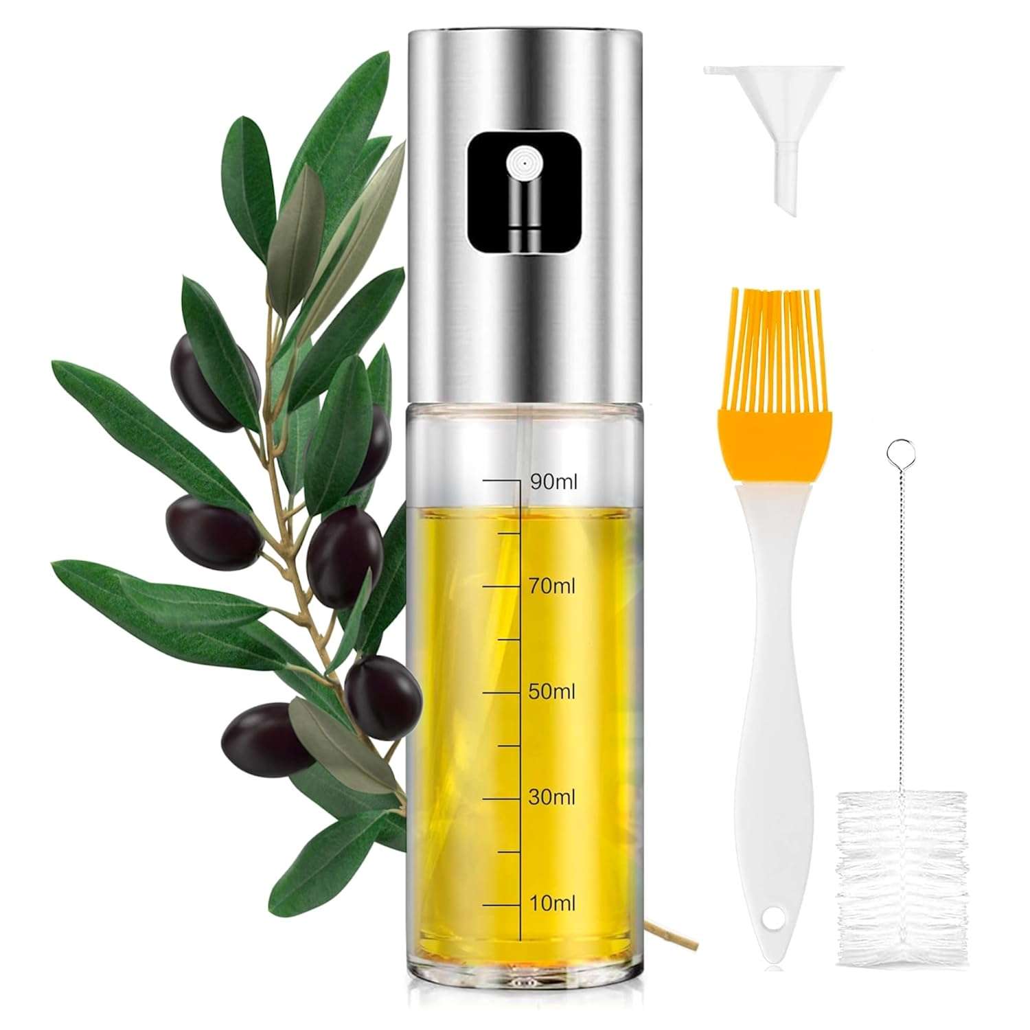 PORTENTUM Oil Spray Bottle 100ml Stainless Steel Olive Oil Dispenser, Leakproof Oil Bottle with Accessories – Oil Sprayer for Cooking, BBQ, Salad and Air Fryer