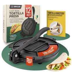 SIRCLES Tortilla Press 12 Inch Cast Iron Extra Large Heavy Duty 12 Inch Tortilla Press E-Book Tortilla Recipes 5 Non Slip Rubber Feet Pre Fired Prensa Para Tortillas De 12 Pulgadas