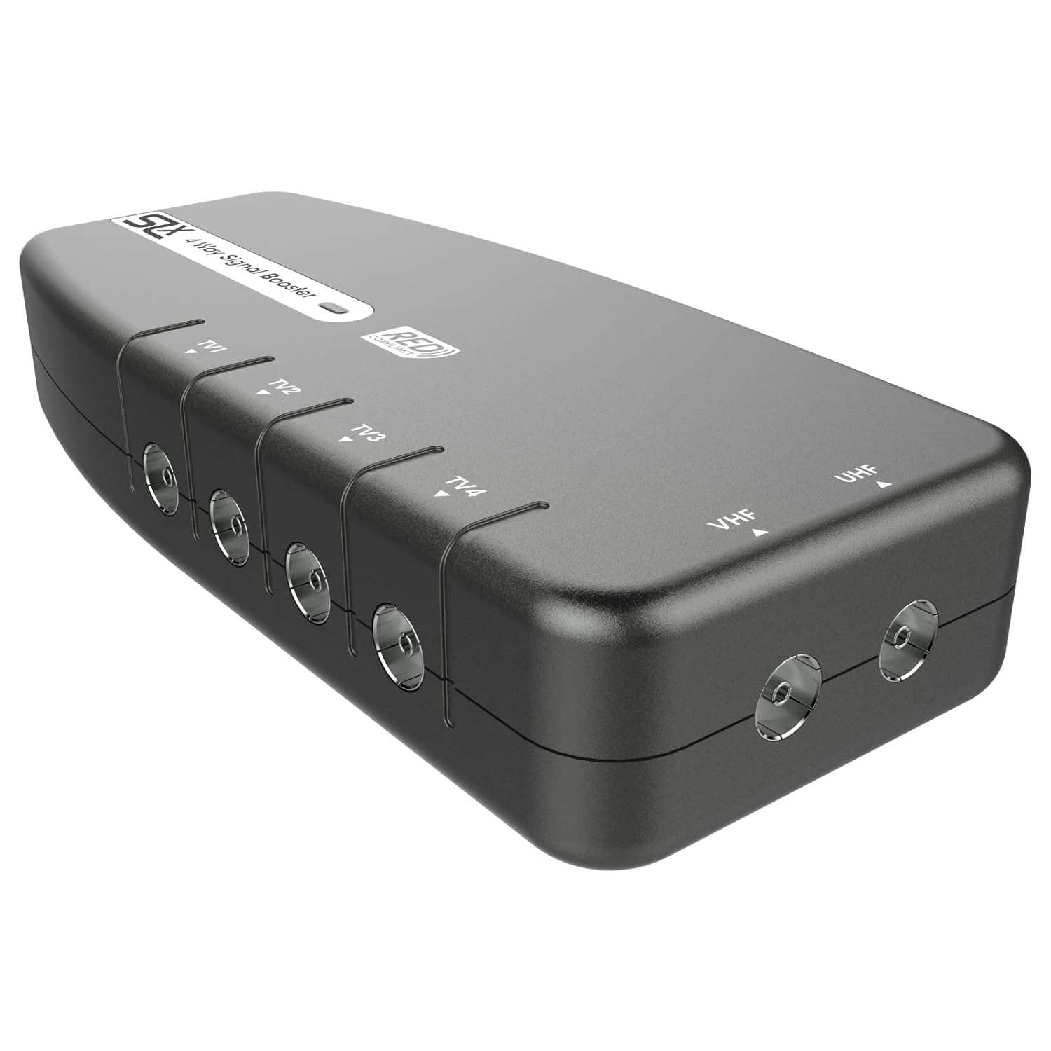 SLx TV Signal Booster Aerial Amplifier, 4 Way Signal Distribution Amplifier with Coax Connections, 4G & 5G Filtering, Indoor TV Aerial, HD & 4K TV/FM/DAB & Freeview, Variable...