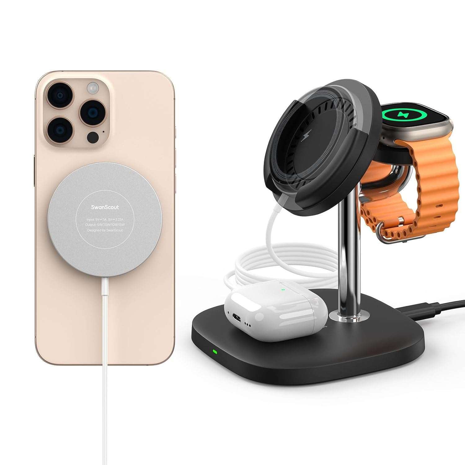SwanScout Magnetic Wireless Charger for iPhone and Apple Watch, Wireless Charger for iPhone 16/15/14/13/12 Series, for Apple Watch Ultra 2/9/8/7/6/5/4/3/2/SE 2,for AirPods Pro 2
