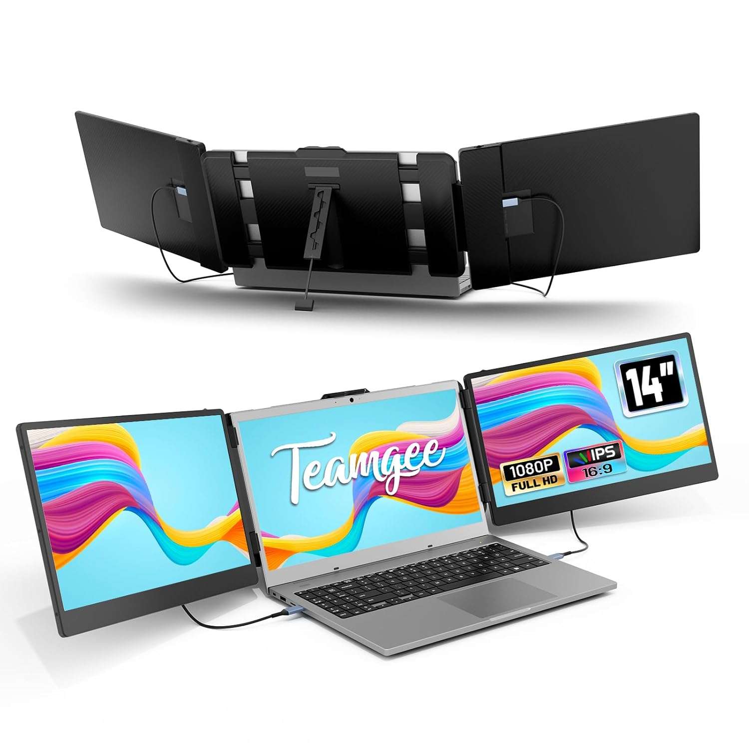 Teamgee Laptop Screen Extender, 14" 1080P Full HD IPS Portable Monitor for Laptop, Built-in Speakers, Triple Screen Work with 13"-17" PC Mac Windows Chrome