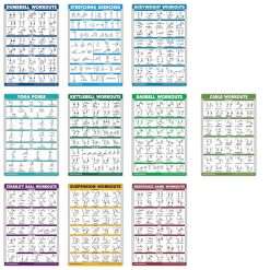 10 Pack - Exercise Workout Poster Set - Cable Machine, Dumbbell, Suspension, Kettlebell, Resistance Bands, Stretching, Bodyweight, Barbell, Yoga Poses, Exercise Ball (LAMINATED,...