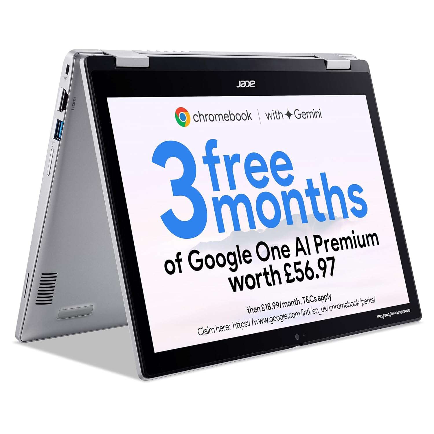 Acer Chromebook Spin 312 CP312-1H Convertible Laptop - Intel N100, 4GB, 64GB eMMC, Integrated Graphics, 12.2" WUXGA Touchscreen, Google Chrome OS, Silver