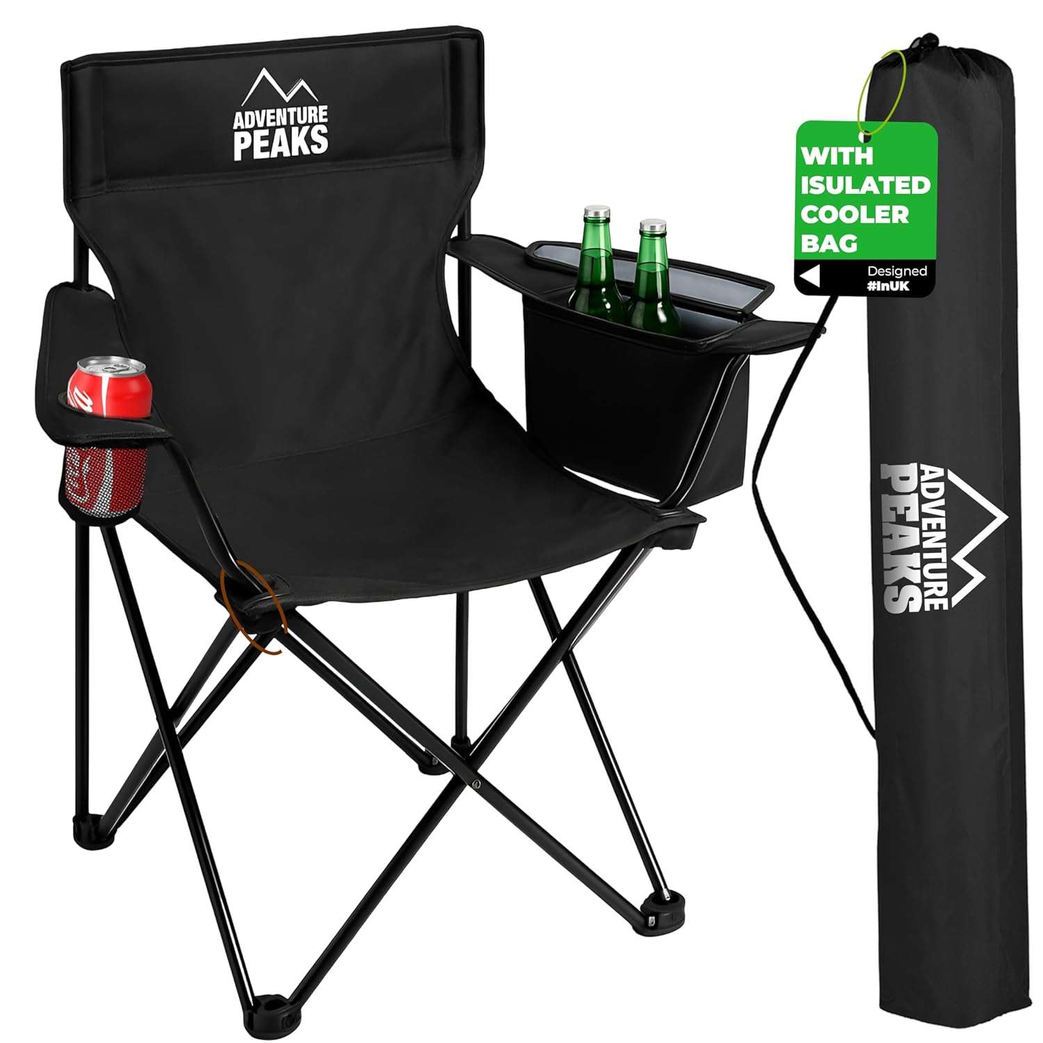 ADVENTURE PEAKS Foldable Camping Chair with Cooling Bag & Drink Holder – Sturdy Folding Camping Chair for Hiking, Fishing, BBQ, Campings & Beach – Supports 100KG (1, Black)