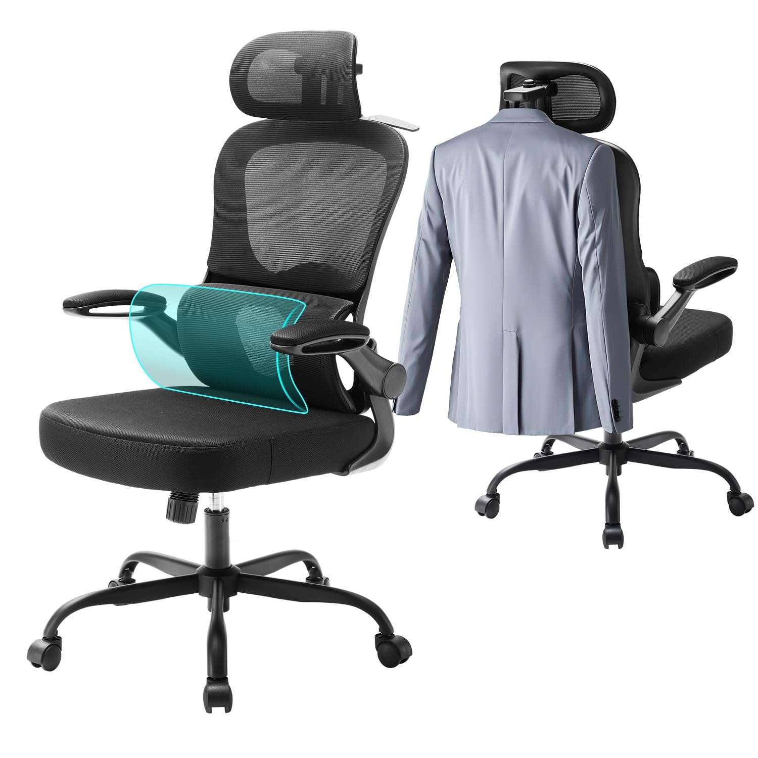 Aevoriax N56 Ergonomic Office Chair - Dual Backrest Design, Adjustable Lumbar Support, Thick Padded Seat, Flip-Up Armrests, Tilt Function - Ideal for Home Office, Gaming &...