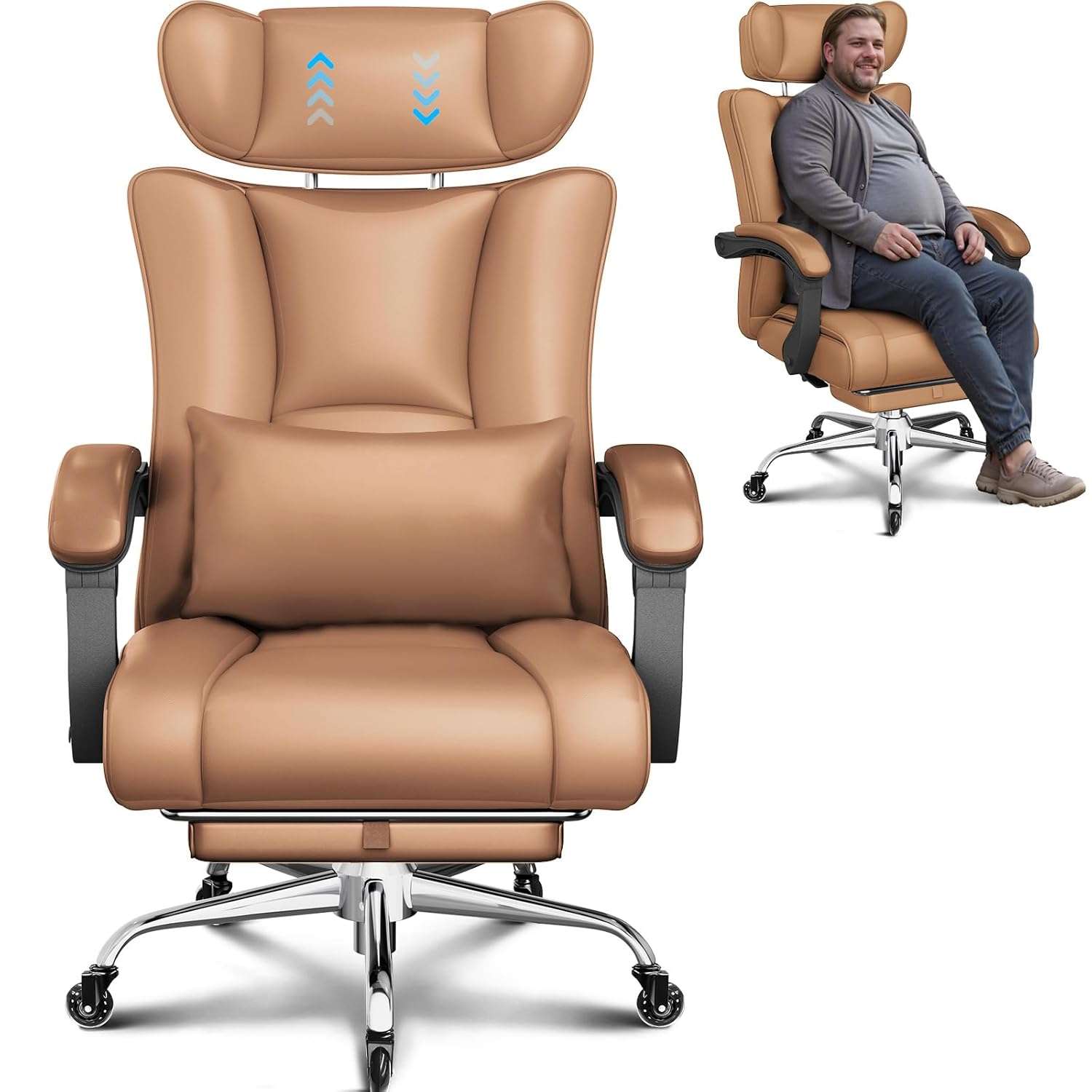 BASETBL Heavy Duty Office Chair, 440lbs 200kg 60cm Wide Spring Cushion Adjustable Headrest Big Tall Executive Computer Desk Chair with Footrest for Heavy People 90° - 120°...