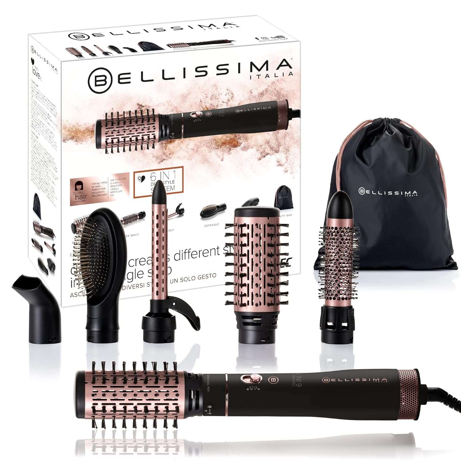 Bellissima 6-in-1 Hot Air Styler & Volumiser Interchangeable Hair Dryer with Ionic Technology, Ceramic & Keratin Coated Brushes, 1000W, 2 Heat/Speed Settings – Anti-Frizz for...