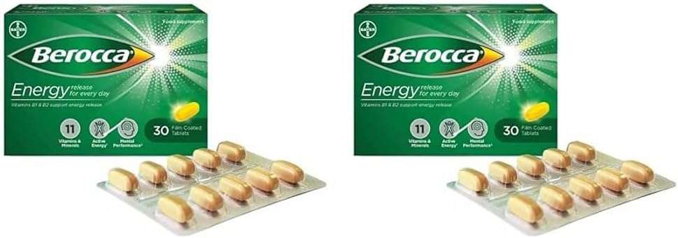 Berocca Vitamin C Film Coated Energy Tablets with Magnesium, Vitamin B12 and Vitamin B Complex, 30 Count (Pack of 2) Tablets - 1 Months Supply