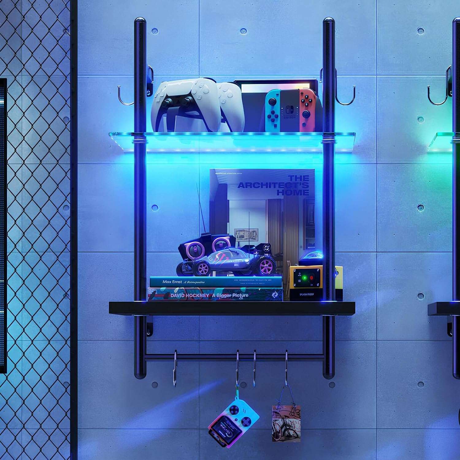 Bestier LED Gaming Floating Shelves for Wall, 15" Wall Mounted Shelf Pipe Glass Shelves, 2 Tier Hanging Display Rack with 6 S-Hooks Towel Bar, Gaming Room Decor Shelf, Carbon...