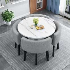 BIBZBKH Dining Table And Chairs Set 4, Dining Table and 4 Chairs Modern Round Kitchen Table And Fabric Chairs Space Saver Home Office Table Set Reception Saving Set Space Table...