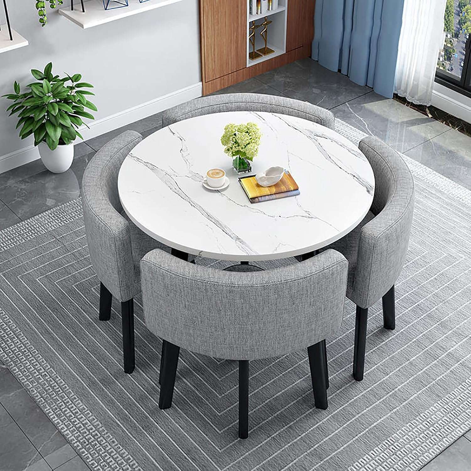 BIBZBKH Dining Table And Chairs Set 4, Dining Table and 4 Chairs Modern Round Kitchen Table And Fabric Chairs Space Saver Home Office Table Set Reception Saving Set Space Table...