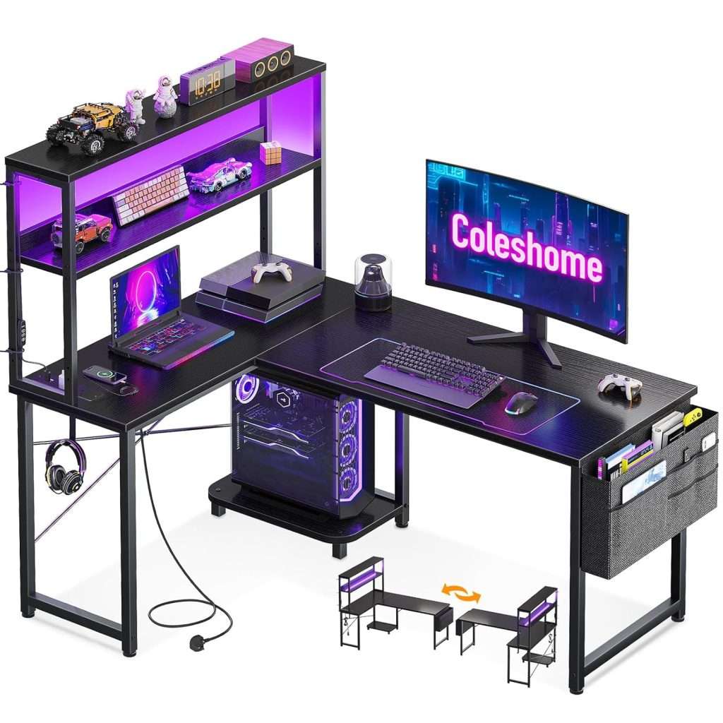 Coleshome L Shaped Gaming Desk with LED Lights & Power Outlet, 115 × 80 ...