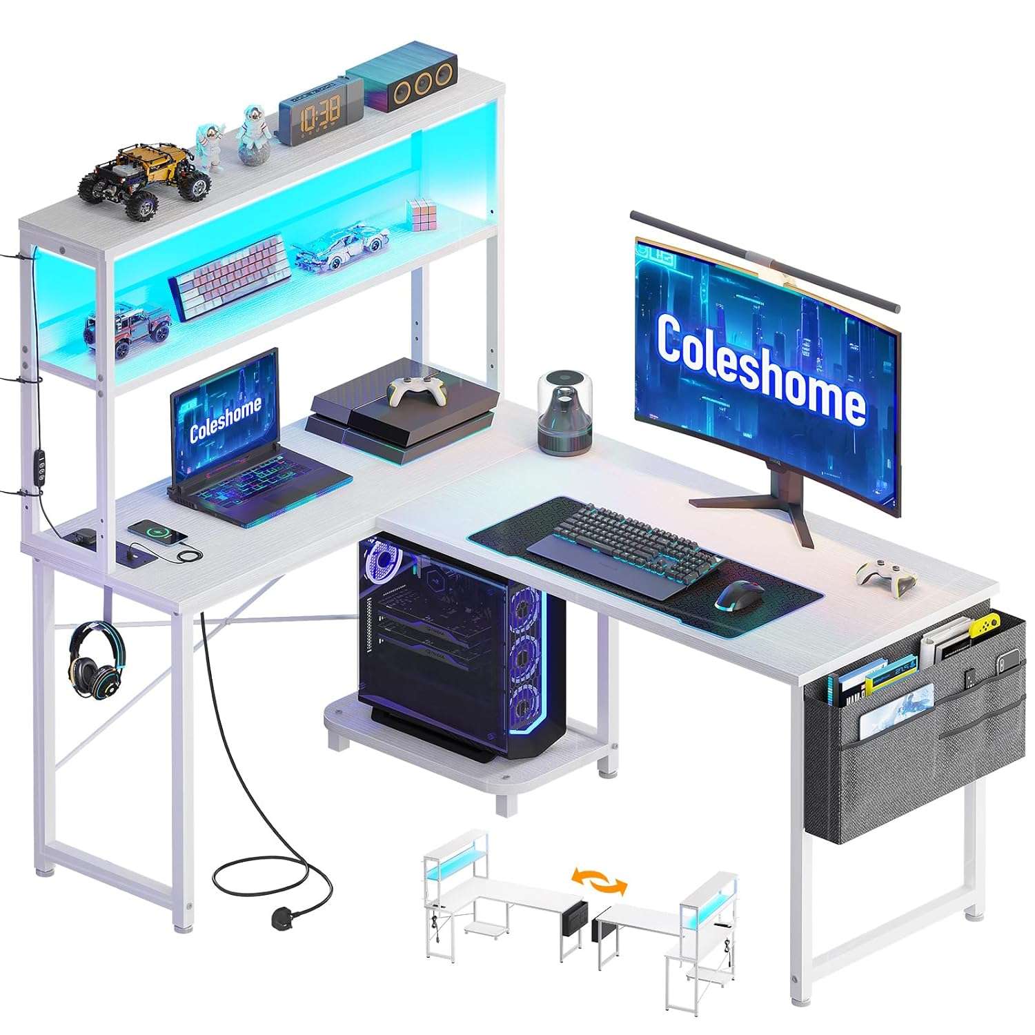 Coleshome L Shaped Gaming Desk with LED Lights & Power Outlet, 115 × 80 cm Reversible Computer Desk with Shelves, Corner Desks with Storage Bag & Hook for Home Office, White