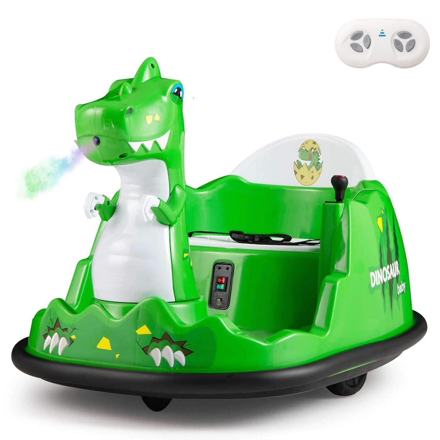COSTWAY 12V Bumper Car, 360 Rotation Spin Kids Electric Ride on Car with Remote Control, Flashing Lights, Music, Battery Powered Ride on Toy for 2-5 Years Old (Dinosaur with Spray)