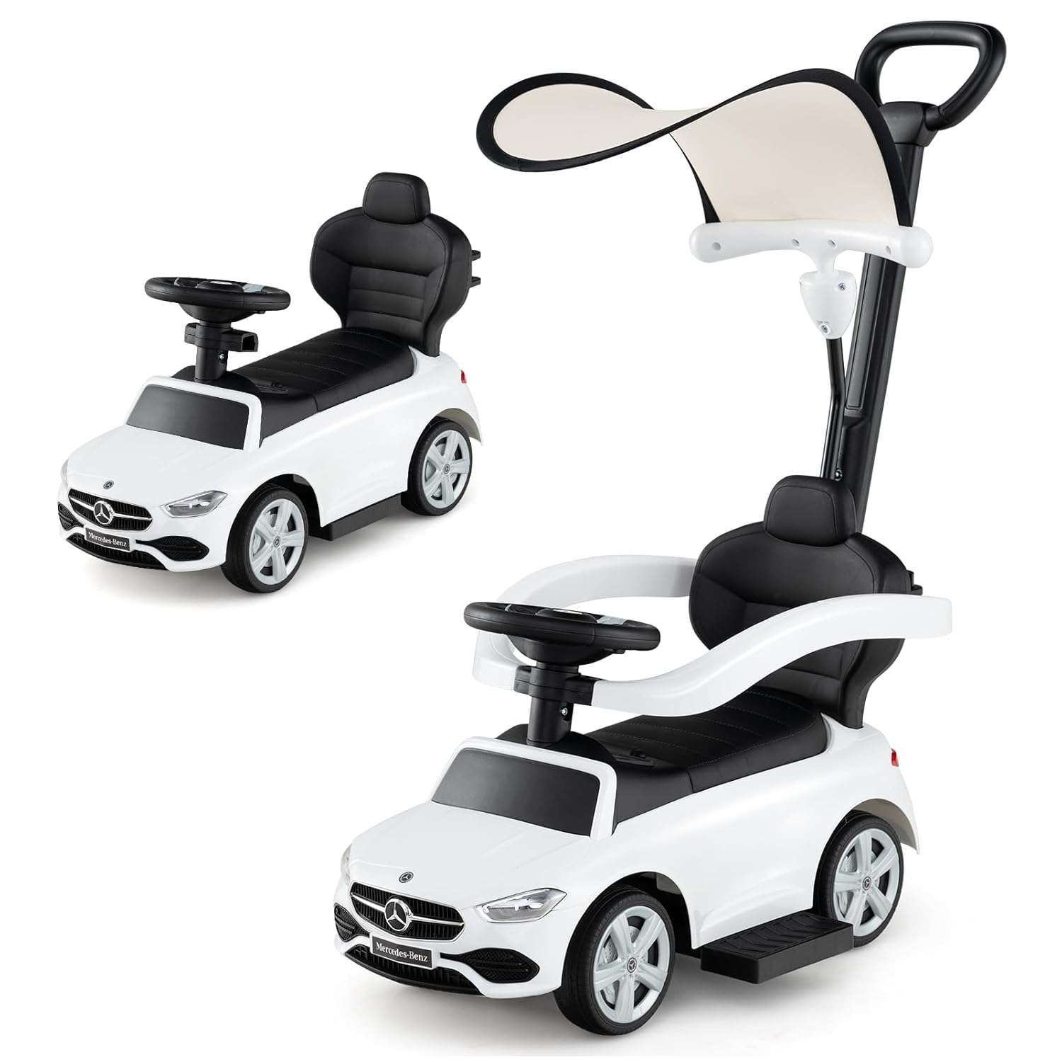 COSTWAY 3 in 1 Ride on Push Car, Mercedes-Benz Licensed Toddler Sliding Car with Steering Handle and Wheel, Horn, Adjustable Canopy, Foot to Floor Slider for Boys Girls 18-36...