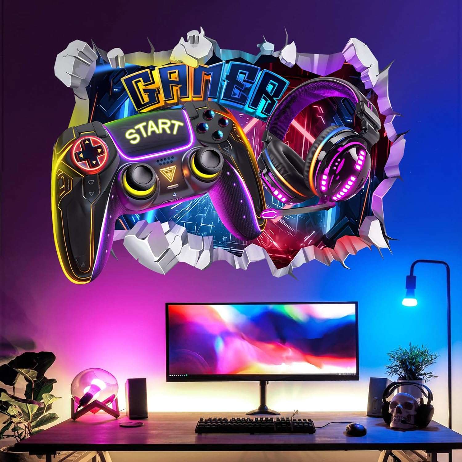 decalmile Large 3D Gaming Wall Stickers Gamer Controller Video Game Joystick Wall Decals Gaming Room Accessories Teenagers Boy Bedroom Playroom Wall Decor