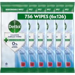 Dettol Antibacterial Cleansing Surface Wipes, Fragrance Free, 756 Wipes (126 x 6pck) Large Value, Disinfectant, Home Hygiene, Biodegradable, Kills 99.9 Percent of Germs