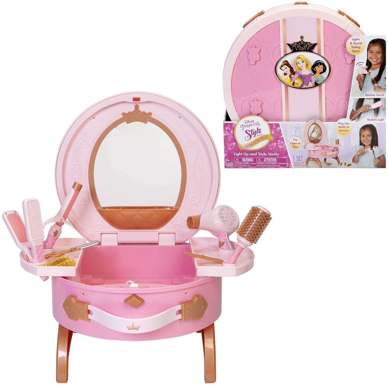 Disney Princess Style Collection Light Up & Style Vanity - Realistic Styling Tools. Includes: Toy Flat Iron, Toy Curling Iron, Toy Hair Dryer, Curling Brush, Hair Comb, Toy...