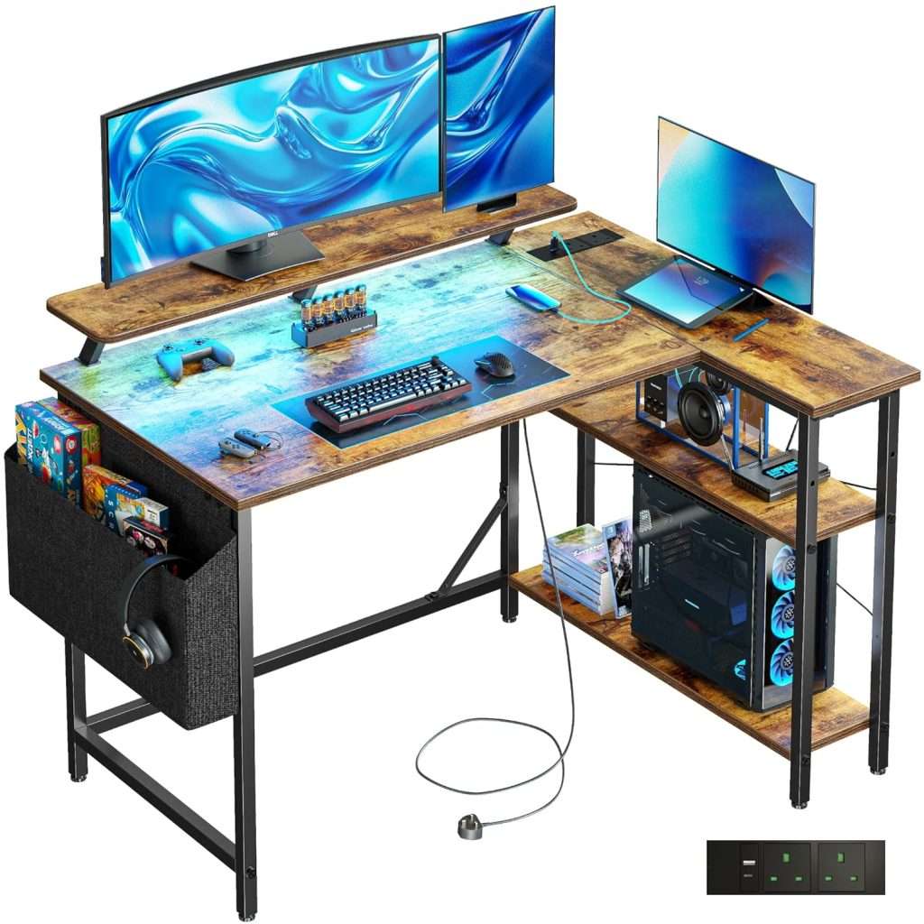 DOMSHOCT L Shaped Gaming Desk with LED Lights & Power Outlets, 100 ...