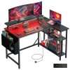 DOMSHOCT L Shaped Gaming Desk with LED Lights & Power Outlets, 100 * 80cm Small Corner Computer Table with Storage Bag, Adjustable Shelves & Monitor Stand, Home Office Study...