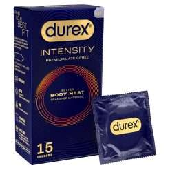 Durex Intensity Condoms, 15s, Regular Fit, Better Body Heat Transfer, Latex Free, Ultra Thin Plus, Our Thinnest Condom Yet, Transparent, Moulds to Your Shape