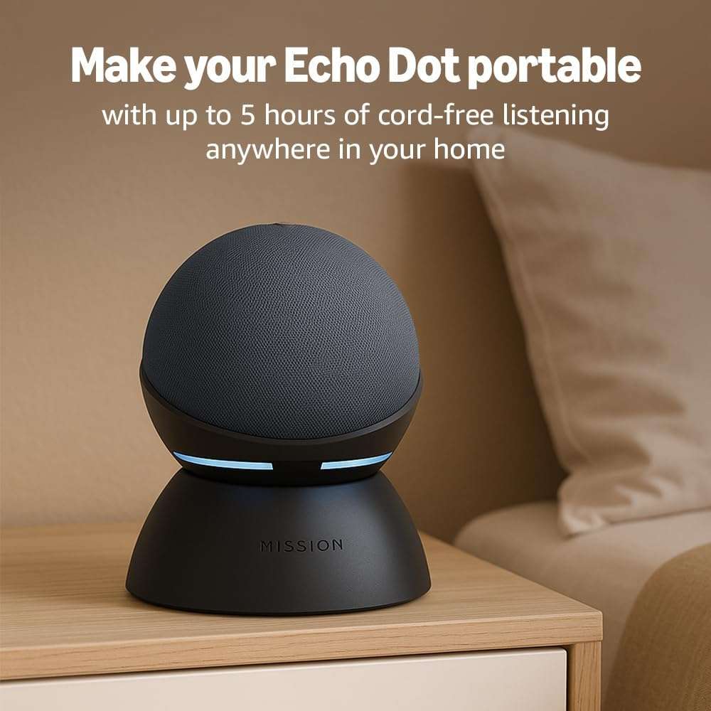 Echo Dot (5th Generation), Charcoal + Portable Battery Base, Black