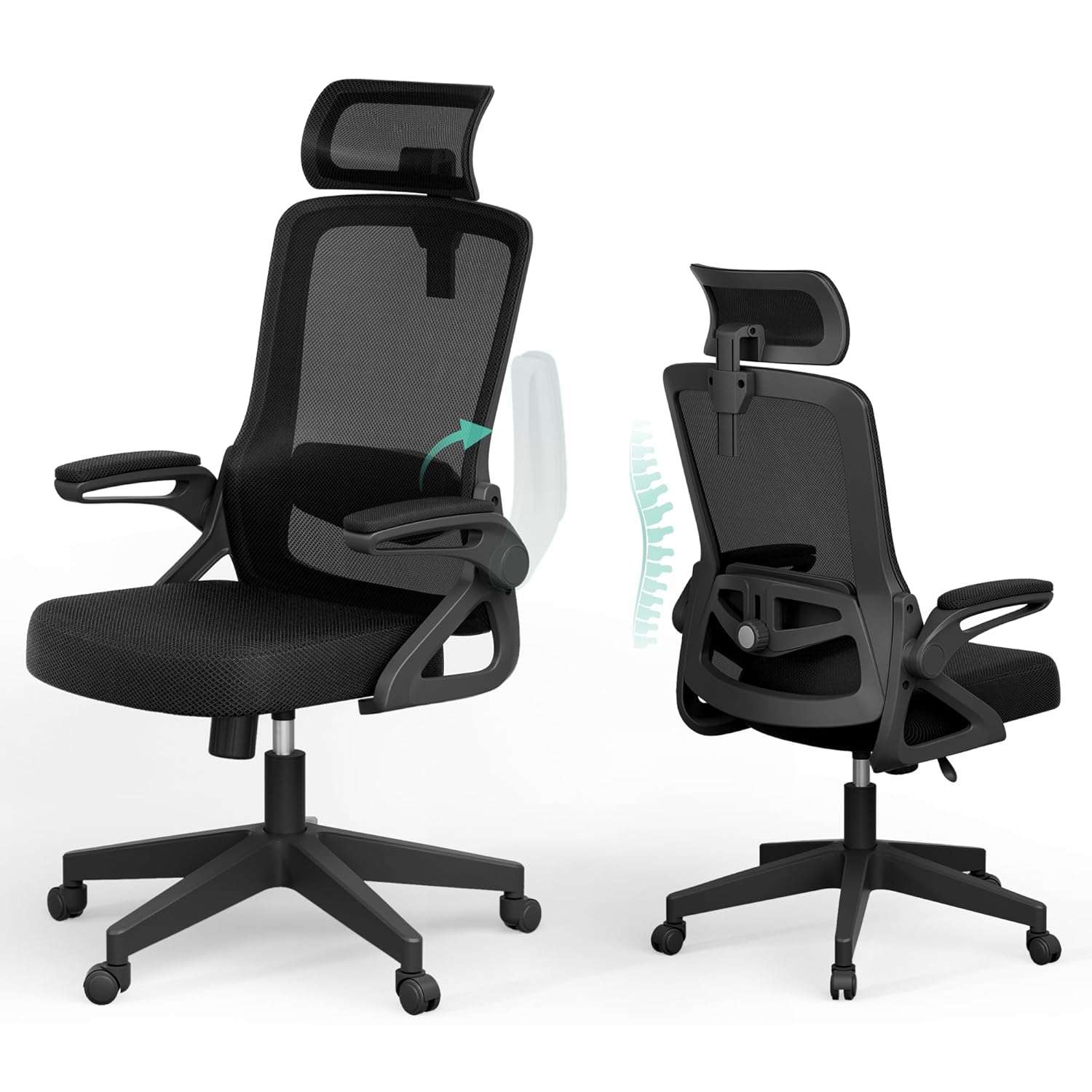 Ergonomic Office Chair, S-Shaped Mesh Desk Chairs, Adjustable Headrest & Lumbar Support, 90°Flip-Up Armrest, Breathable High Back & Widened Cushion,Swivel Computer Chairs for...