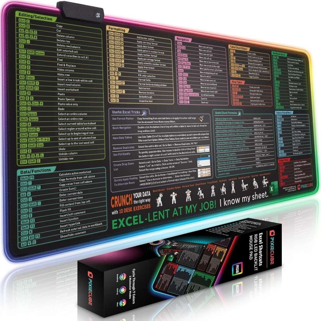 Excel Shortcut Keys LED Mouse Pad – Colorful RGB Luminous Extended ...