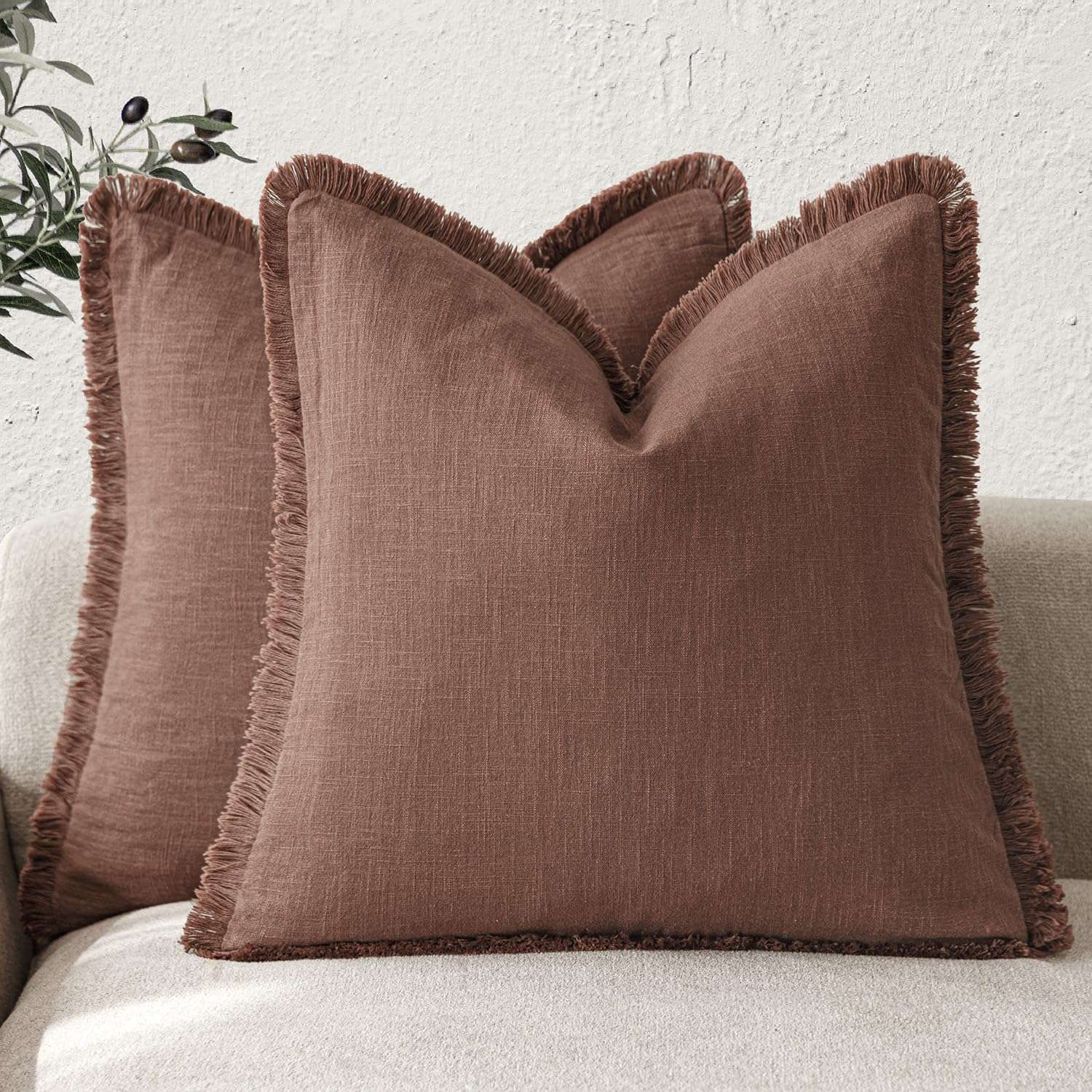 Foindtower Set of 2 Decorative Linen Fringe Throw Pillow Covers Boho Farmhouse Cushion Cover with Tassels Accent Pillowcase for Couch Chair Sofa Bed Living Room Home Decor,22×22...